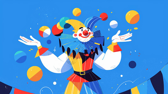 变戏法的小丑正在玩彩色球的变戏法卡通小丑插画