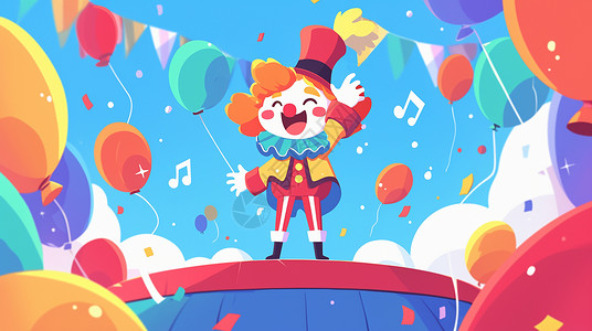 扁平风彩色气球站在舞台上欢呼表演的卡通小丑插画