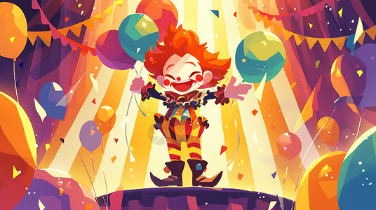 彩色气球插画站在舞台上欢呼表演的卡通小丑插画
