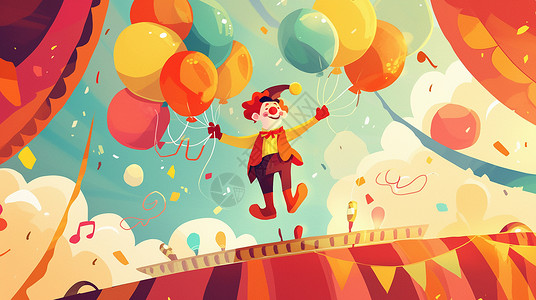 扁平风彩色气球在舞台上手拿着很多气球的小丑人物插画