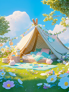 春天在草地上一个白色露营帐篷背景图片