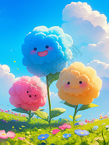 几朵小花蓝天白云下在草地上几朵彩色的小花插画