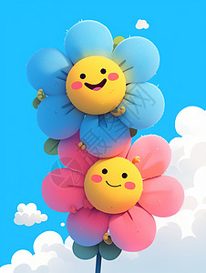 几朵小花几朵在云朵上彩色立体可爱的卡通小花插画