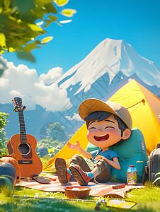 弹琴卡通春天在山坡上露营弹琴开心笑的小男孩插画