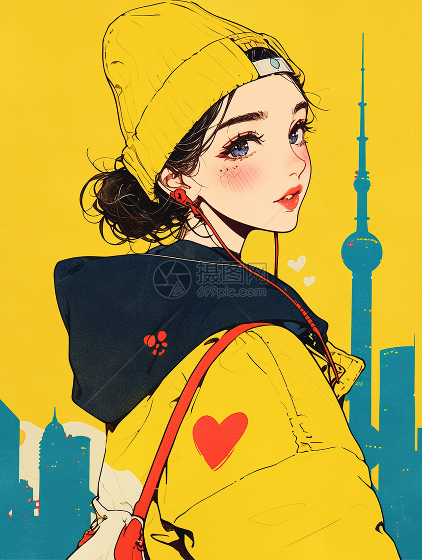 涂鸦风时尚的黄色调在街角处女子图片