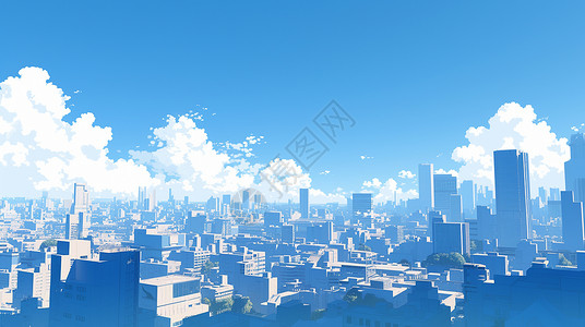 一座城市蓝天白云下一座时尚现代的卡通小城插画