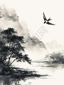 黑白色鸟巢清新的古风水墨山水插画插画