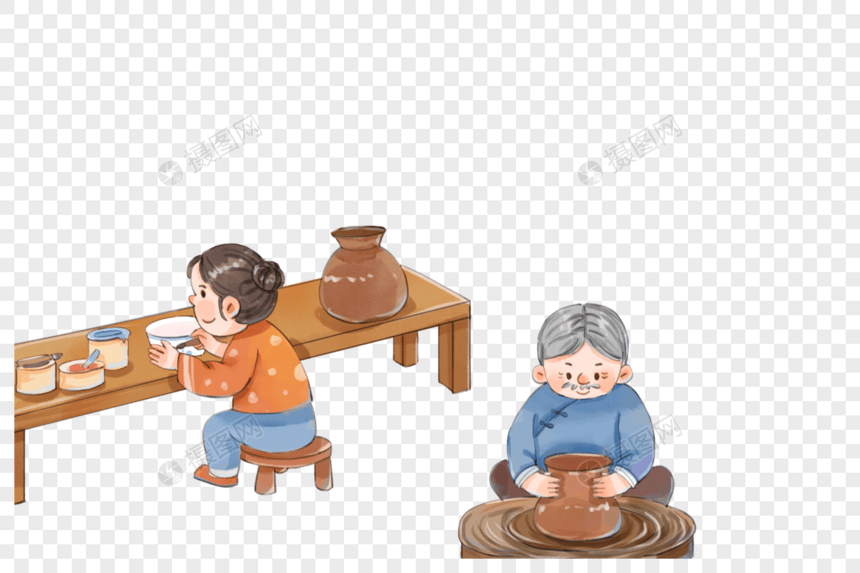做陶瓷的老人和女孩图片