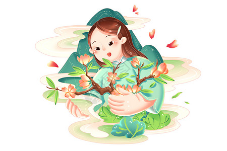 春天装饰春季国潮中国风女孩春天景观组合装饰插画