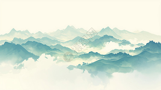 云雾缭绕连绵的绿色山川美景插画