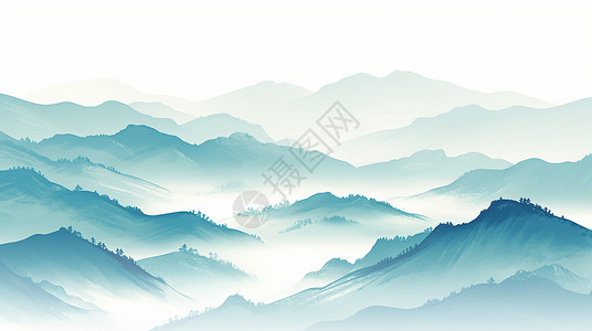 云雾林春天云雾缭绕连绵的绿色山川插画