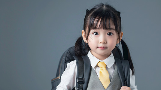 戴着黄色领带背着书包的可爱女孩高清图片