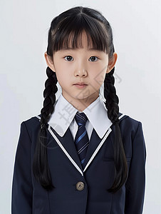 深色头发穿着黑色西装校服辫两个小辫子可爱的女孩头像插画