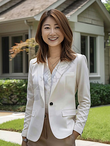 亚洲人健身教练女中年穿着白色西装在院子中的长发女插画