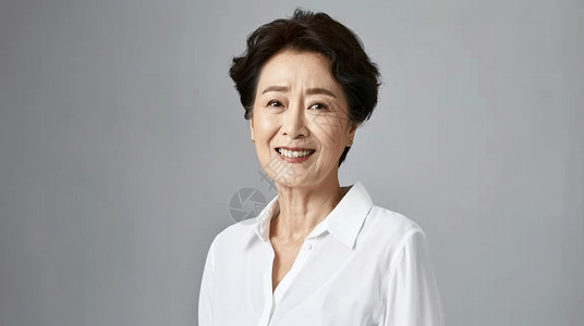 亚洲人穿着白衬衫短卷发的中老年女人插画