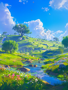 下一条素材春天蓝天白云下绿色山中一条蓝色清新的卡通小溪插画