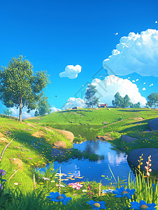 下一条素材蓝天白云下绿色山中一条蓝色清新的卡通小溪插画