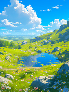 绿色山中一条蓝色清新的卡通小溪高清图片