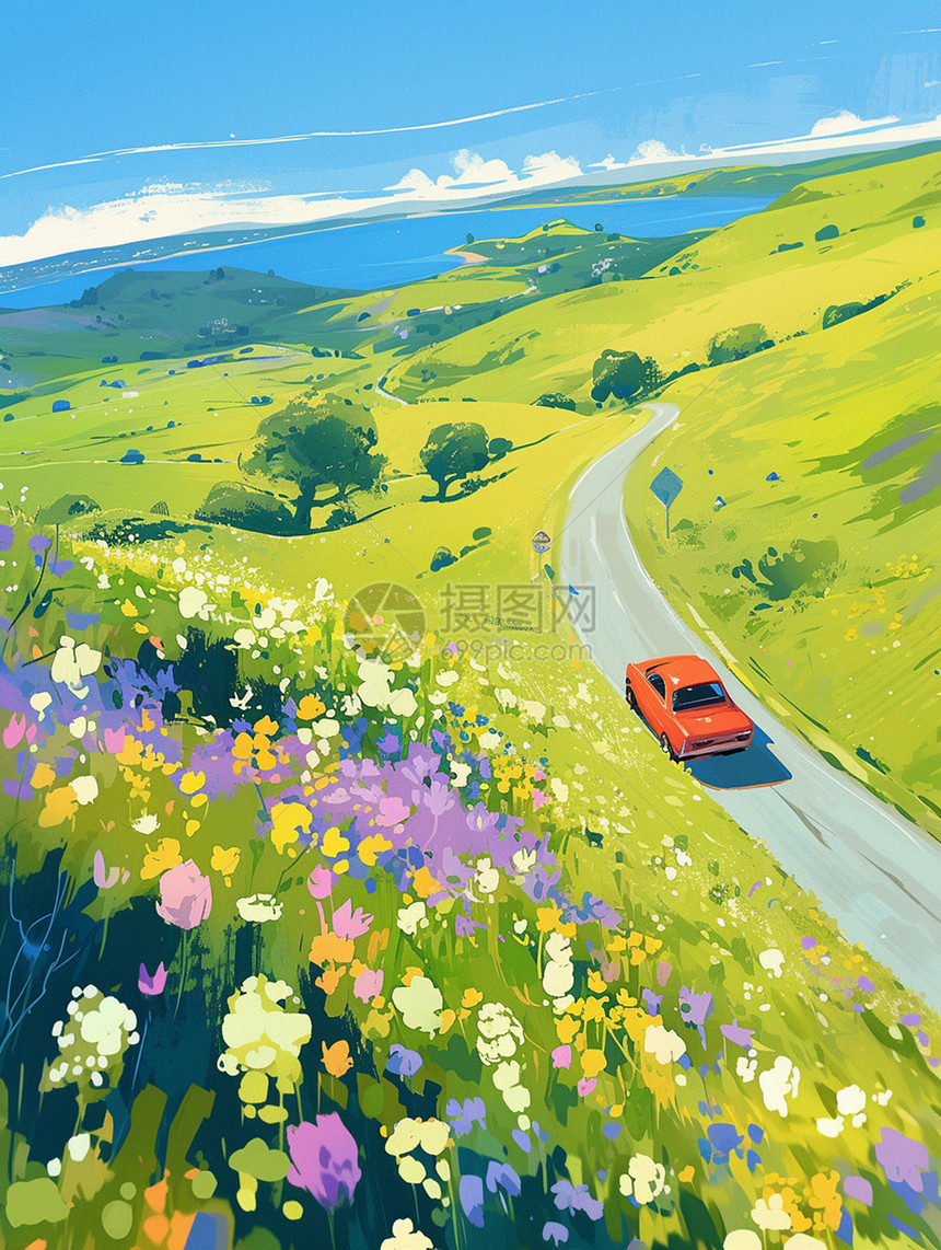 春天行驶在山中小路上的小小的汽车图片