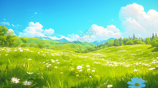 一片草地蓝天白云下一片油油的草地上开满了鲜花插画