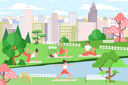 老外瑜伽春季城市公园瑜伽插画