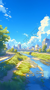 济南护城河春天蓝天白云下城市边的河卡通风景插画