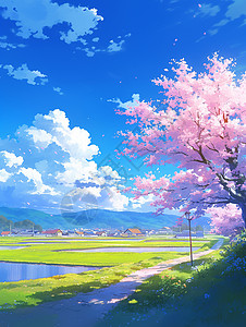 蓝天白云绿树bann春天蓝天白云下小小的村庄唯美春天风景插画