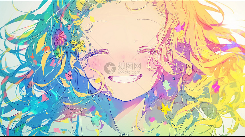 头上有很多彩色花朵开心笑长发可爱的小女孩图片