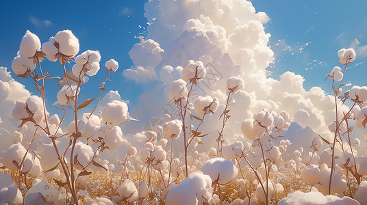 棉花云朵晴朗的天空下一大片丰收的棉花田插画