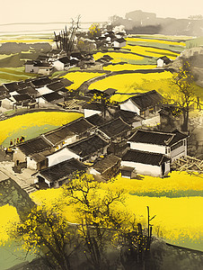村庄田地间黄色唯美的油菜花手绘风唯美卡通风景背景图片