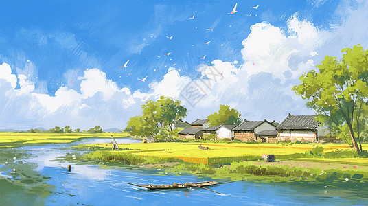 风景房子春天小河边一座小村庄插画
