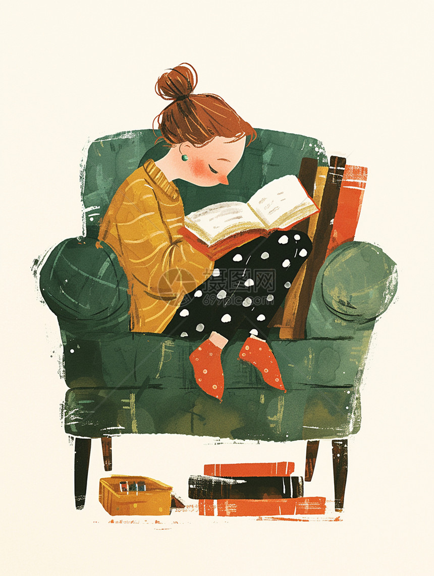沙发上看书的可爱卡通小女孩水彩风插画图片