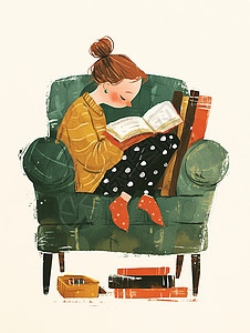 小女孩坐沙发上看书沙发上看书的可爱卡通小女孩水彩风插画插画