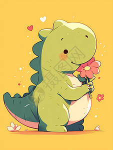 绿色恐龙手拿着小红花可爱绿色卡通恐龙插画