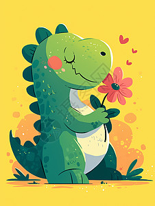 一簇黄色小花手拿着小红花可爱绿色小恐龙插画
