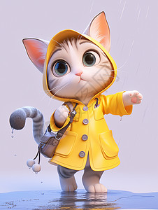 穿着黄色雨衣背着包在雨中的可爱小猫高清图片