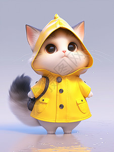 猫包素材黄色雨衣背着包在雨中的可爱卡通小猫插画