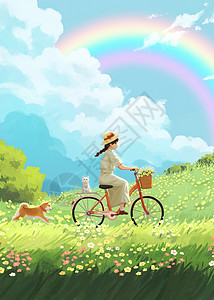幸福美好春日带着宠物踏青的女孩治愈插画插画