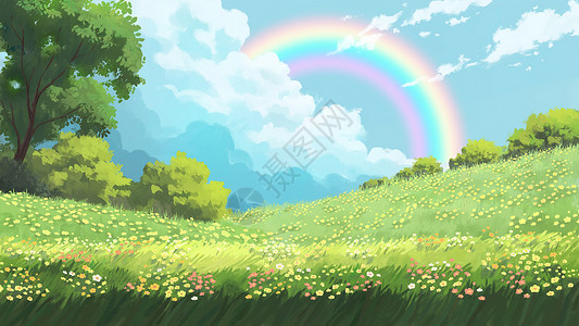 彩虹和树素材春暖花开的风景插画