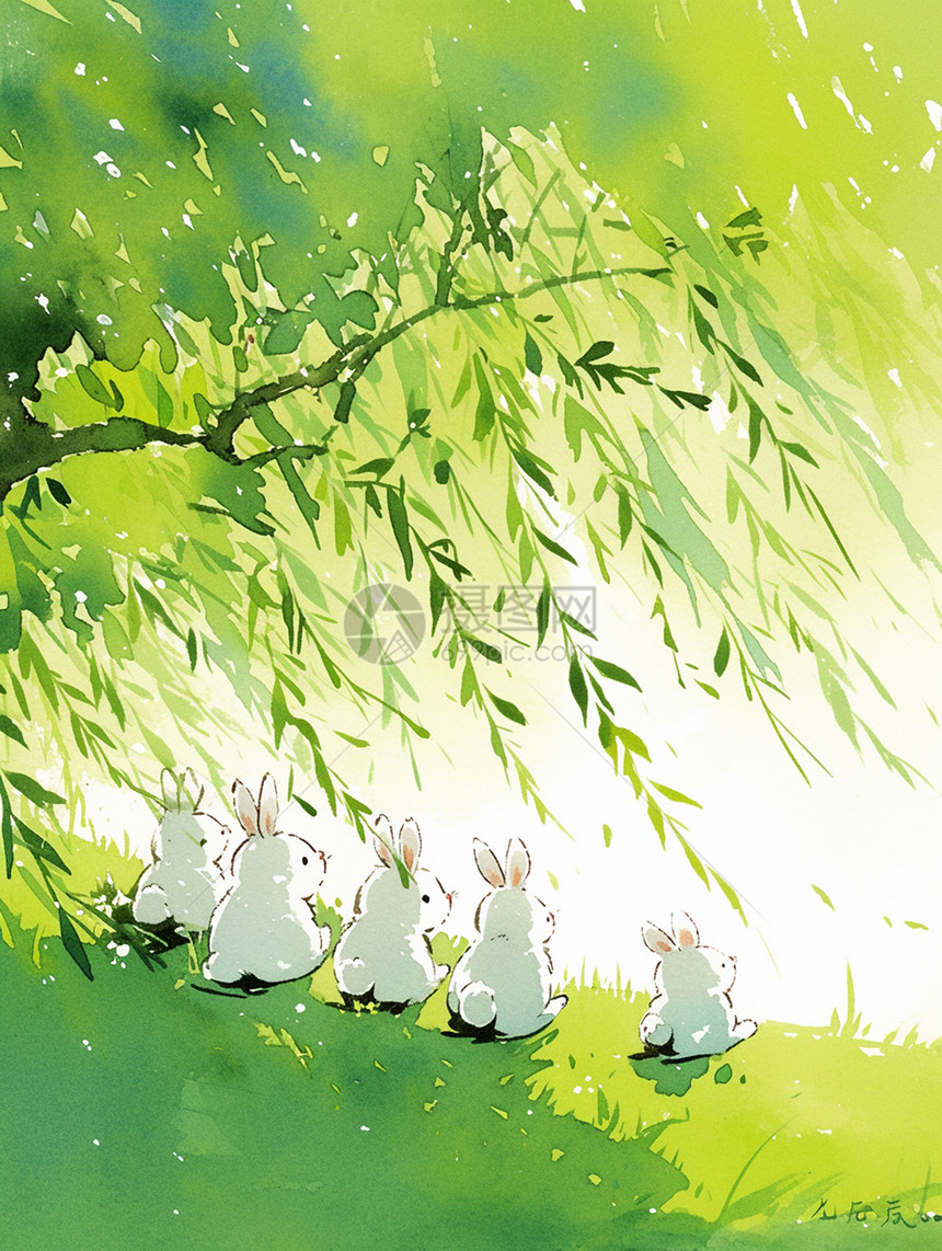 春天在嫩绿色的柳树下几只可爱卡通小兔子在乘凉图片