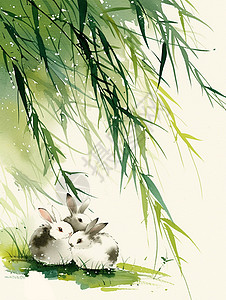 顺天圣母嫩绿色的柳树下几只可爱卡通小兔子在乘凉插画