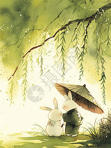 顺天圣母柳树下几只可爱兔子在乘凉插画