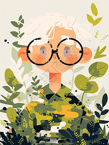 黑灰迷彩素材躲在草丛中穿着迷彩服装戴着黑框眼镜的白色短发卡通小男孩插画