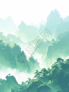 云雾缭绕的绿色山川唯美春天卡通风景背景图片