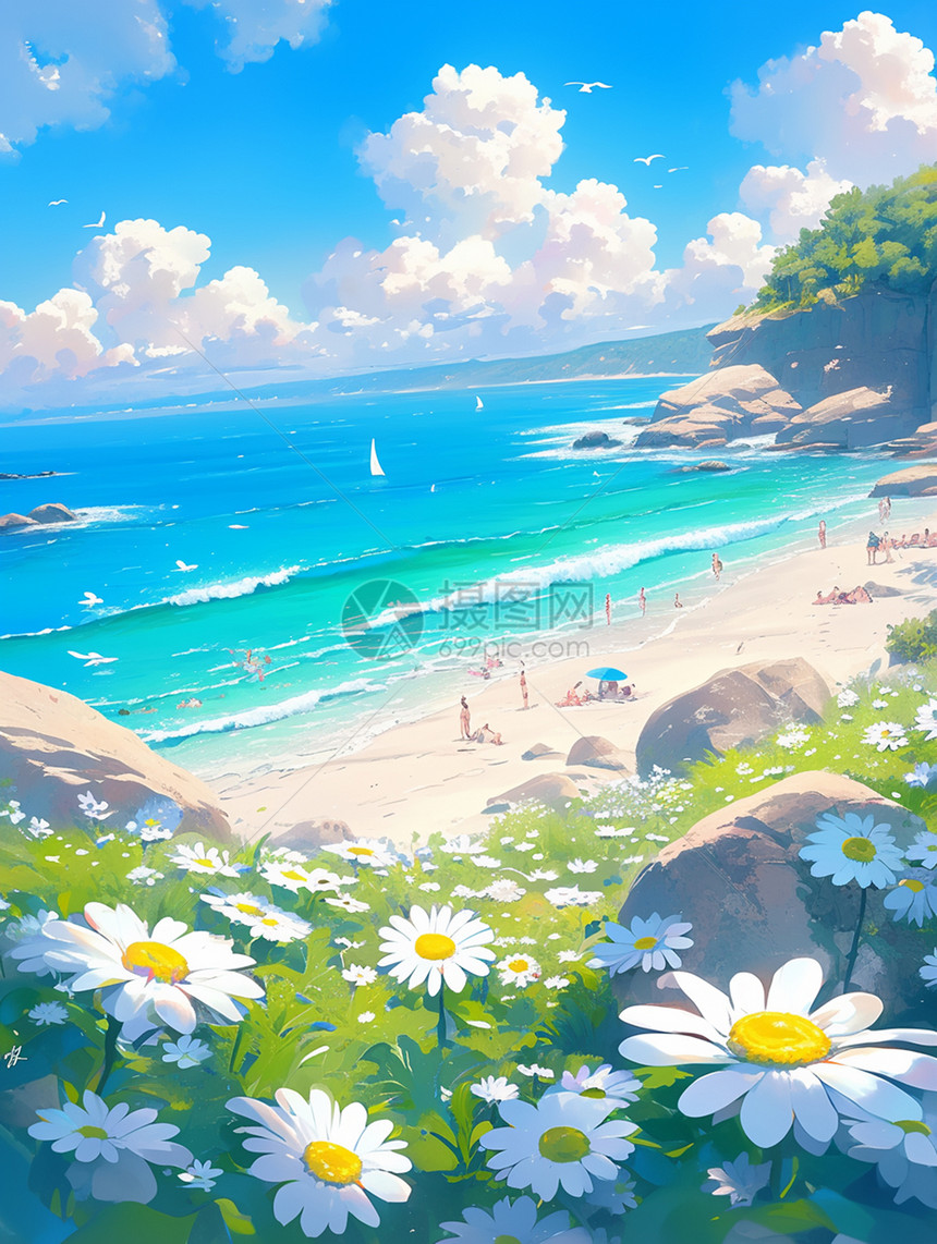 蓝天白云下开满小雏菊的海边很多人在休闲玩耍图片