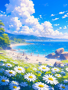 沙滩度假的人开满小雏菊的海边很多人在休闲玩耍插画
