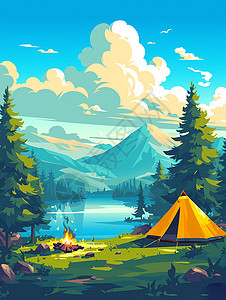 一座雪山在森林湖边一座卡通露营帐篷插画