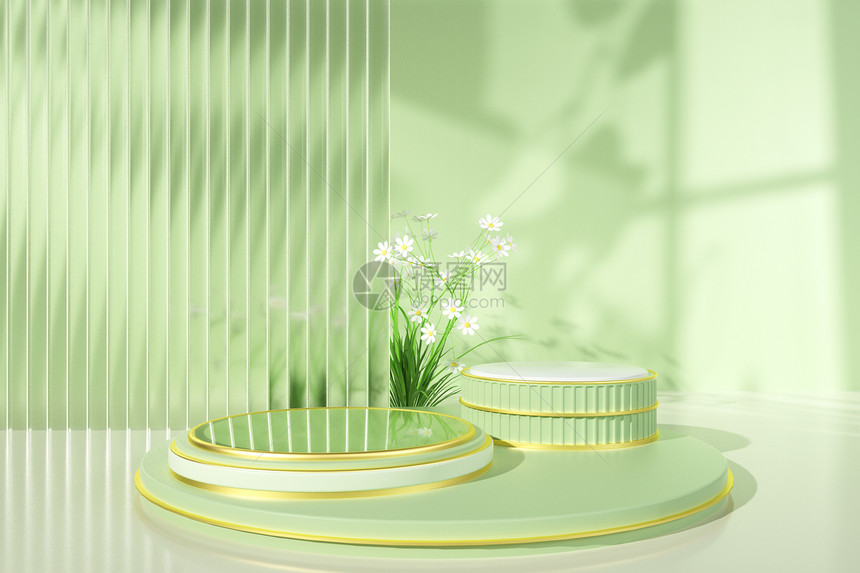 3D立体淡绿色电商春季主题展台图片