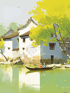 湖面上景色春天嫩绿色的柳树白墙黑瓦卡通村庄旁的湖面上几艘小船在安静的划着插画