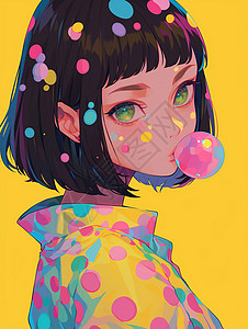 吹粉色泡泡糖可爱的卡通女孩背景图片